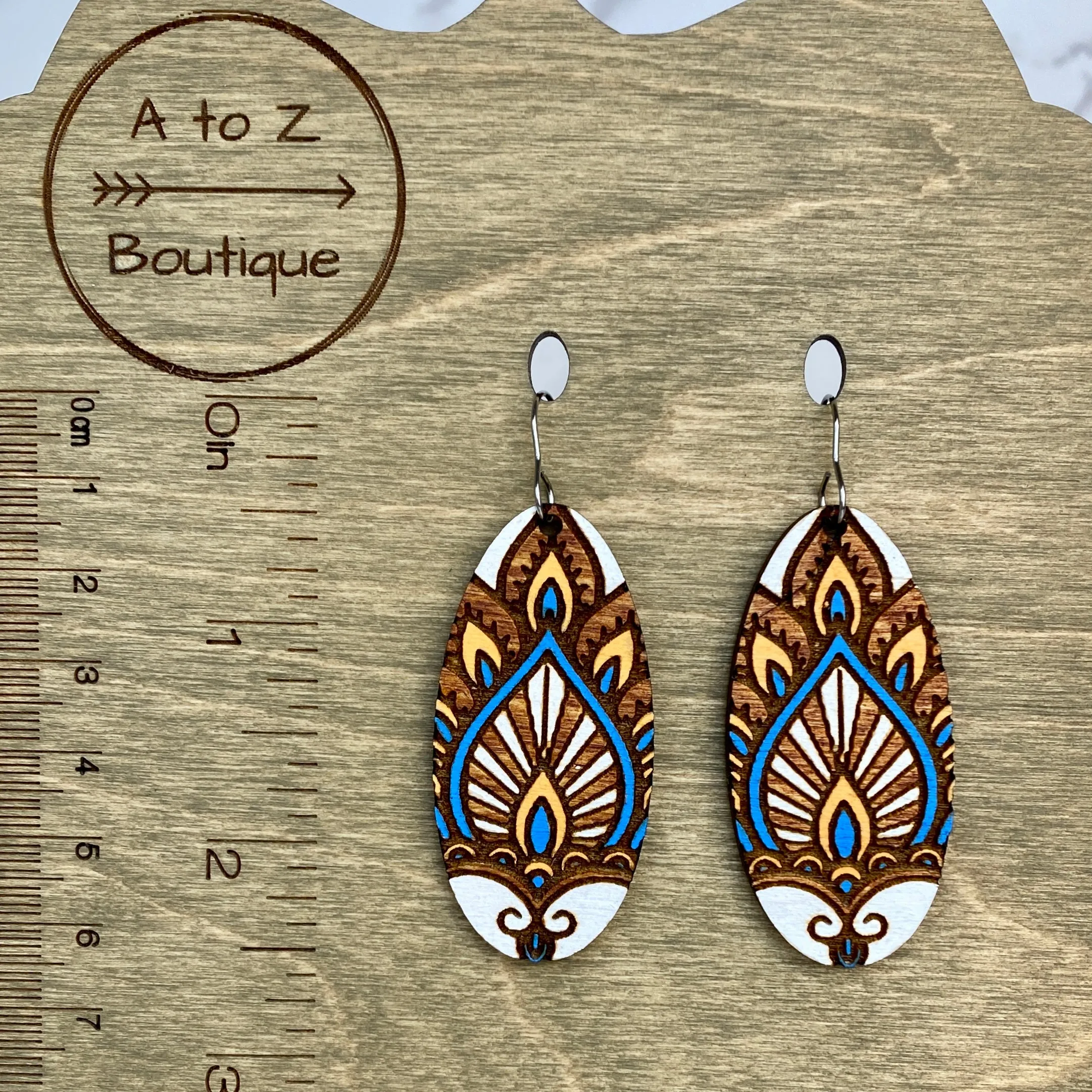 Blue White Mustard Mandala Wood Hand Painted Earrings