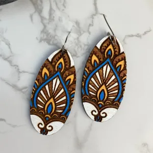 Blue White Mustard Mandala Wood Hand Painted Earrings