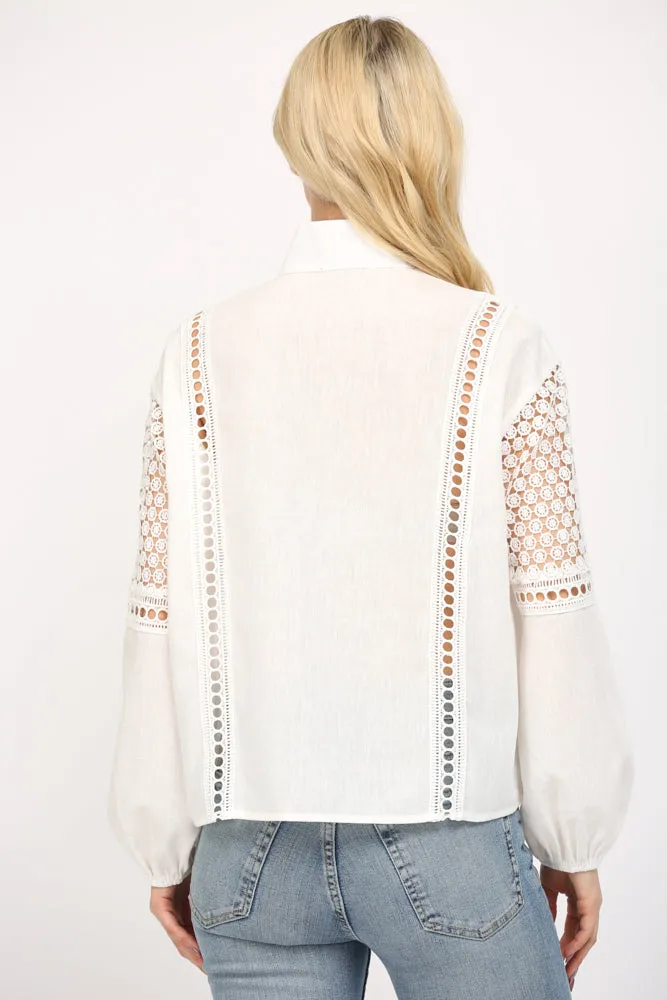 EYELET LACE TRIIMMED STAND COLLAR BLOUSE