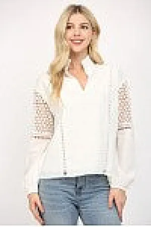 EYELET LACE TRIIMMED STAND COLLAR BLOUSE