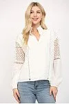 EYELET LACE TRIIMMED STAND COLLAR BLOUSE