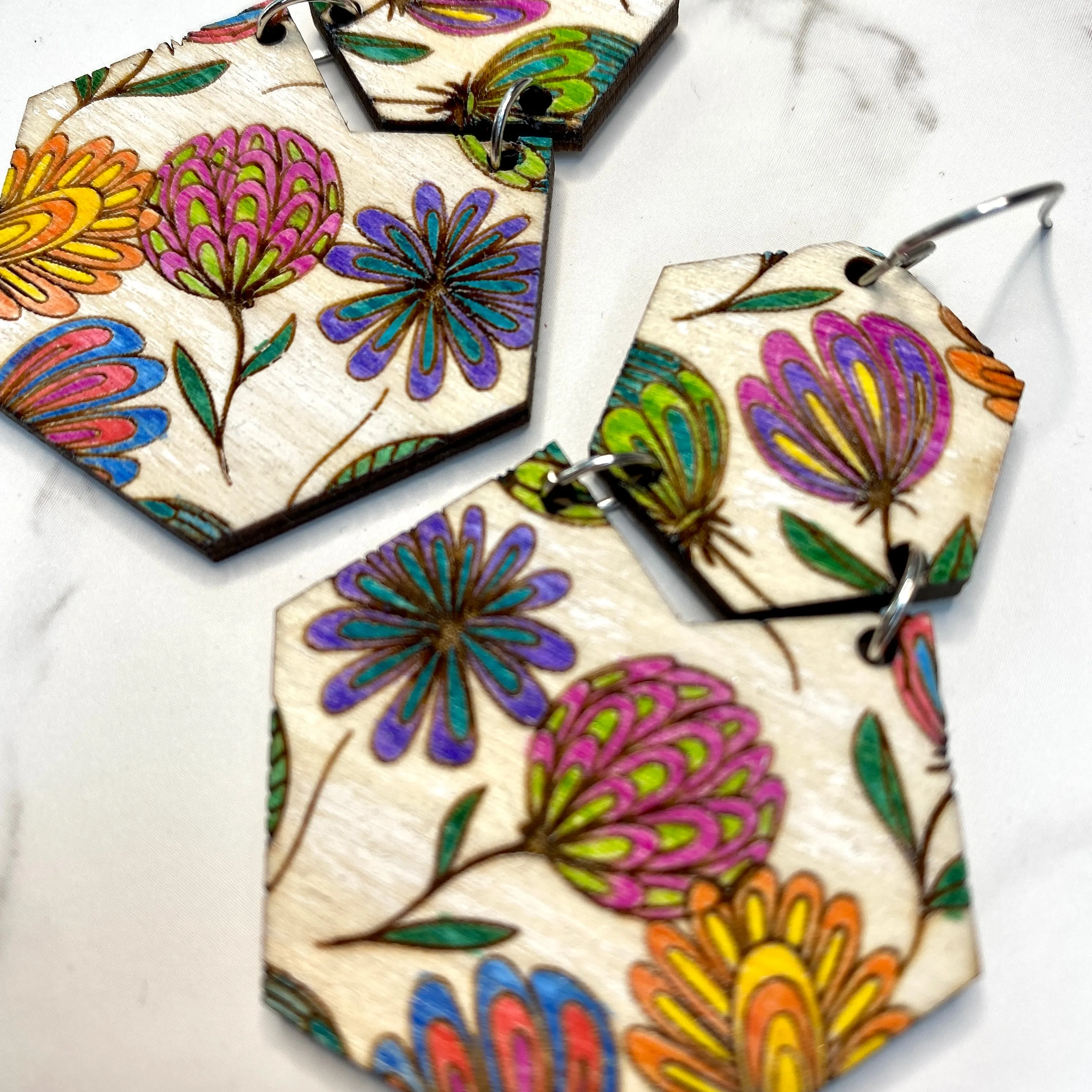 Floral Hexagon Light Wood Hand Painted Earrings