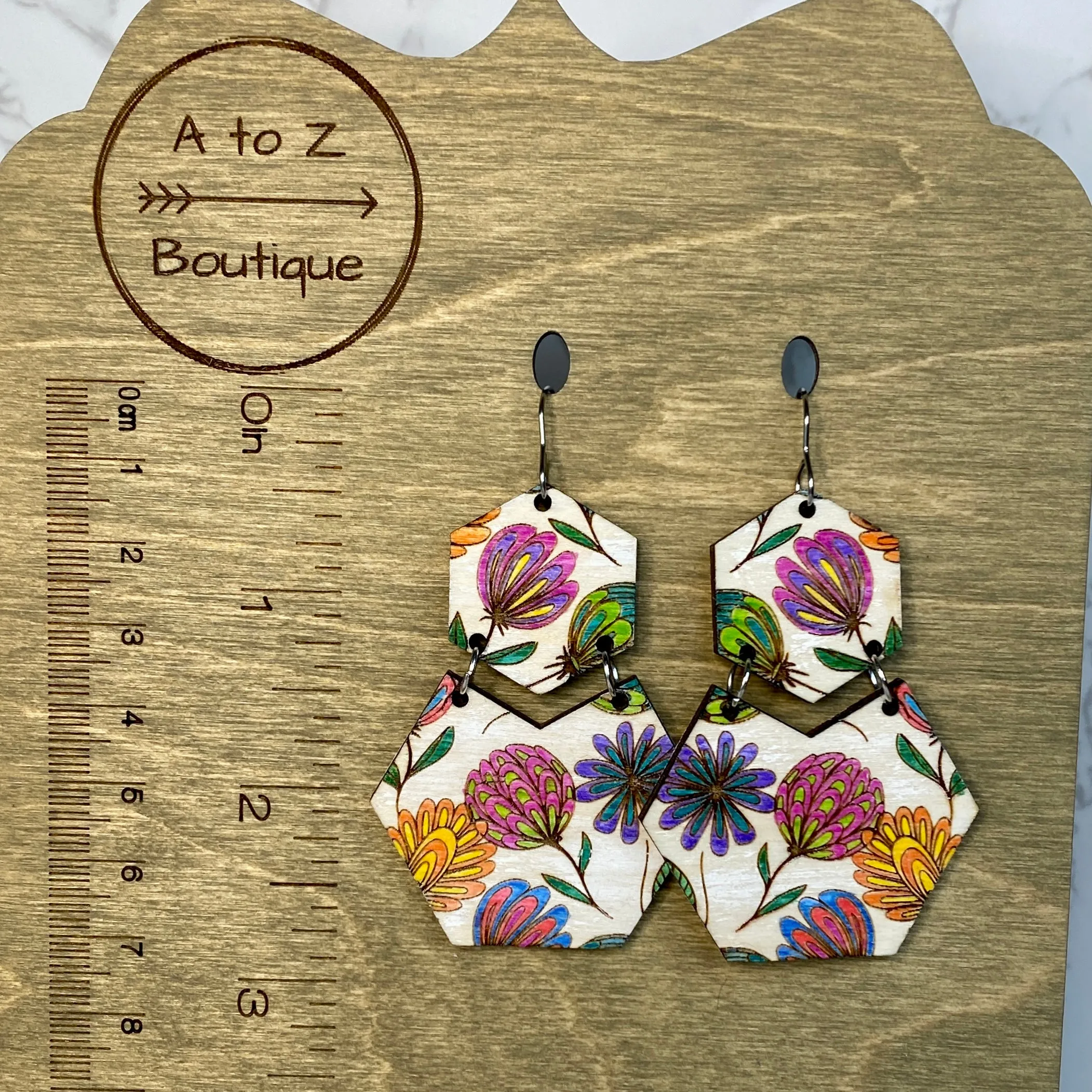 Floral Hexagon Light Wood Hand Painted Earrings
