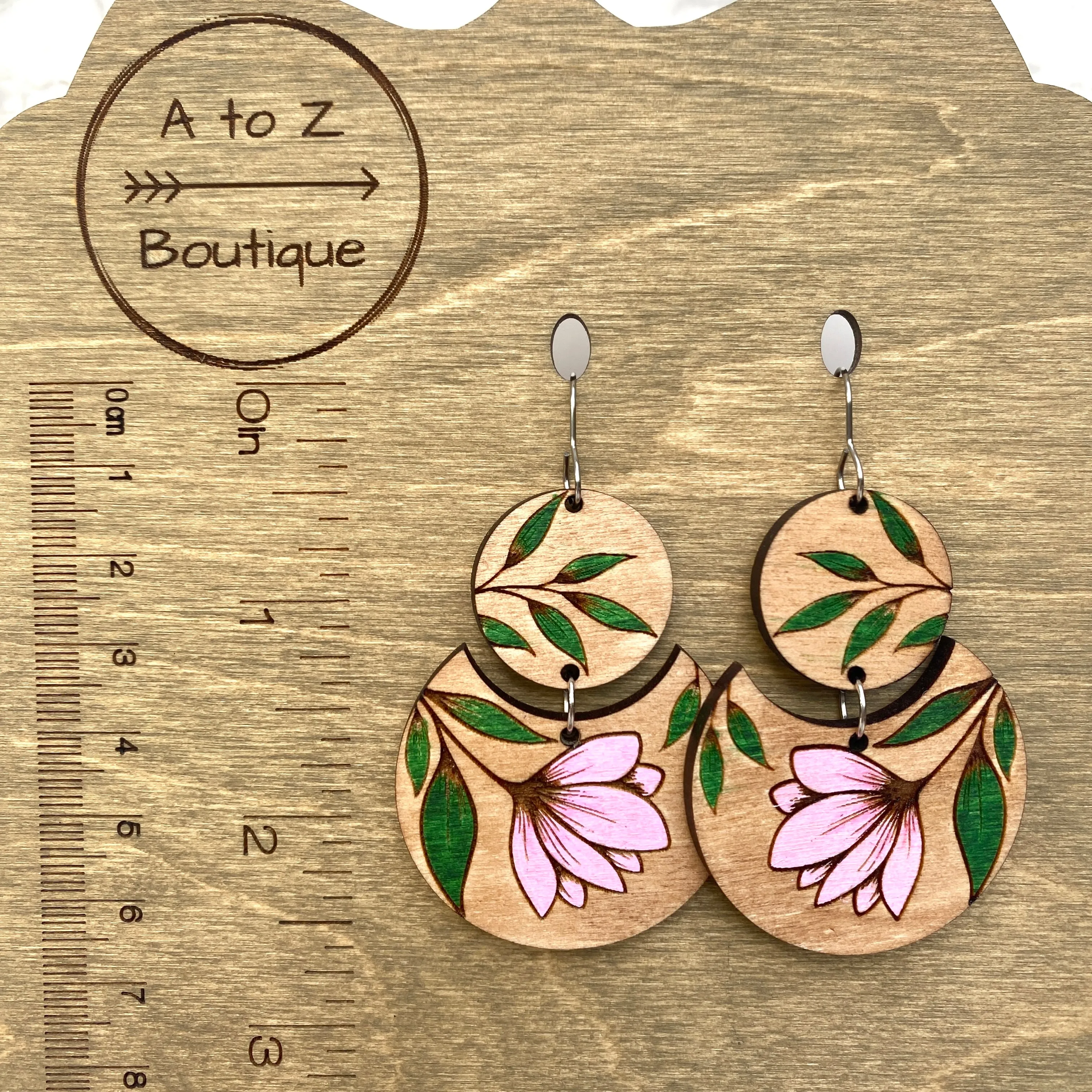 Pink Floral Round Wood Hand Painted Earrings
