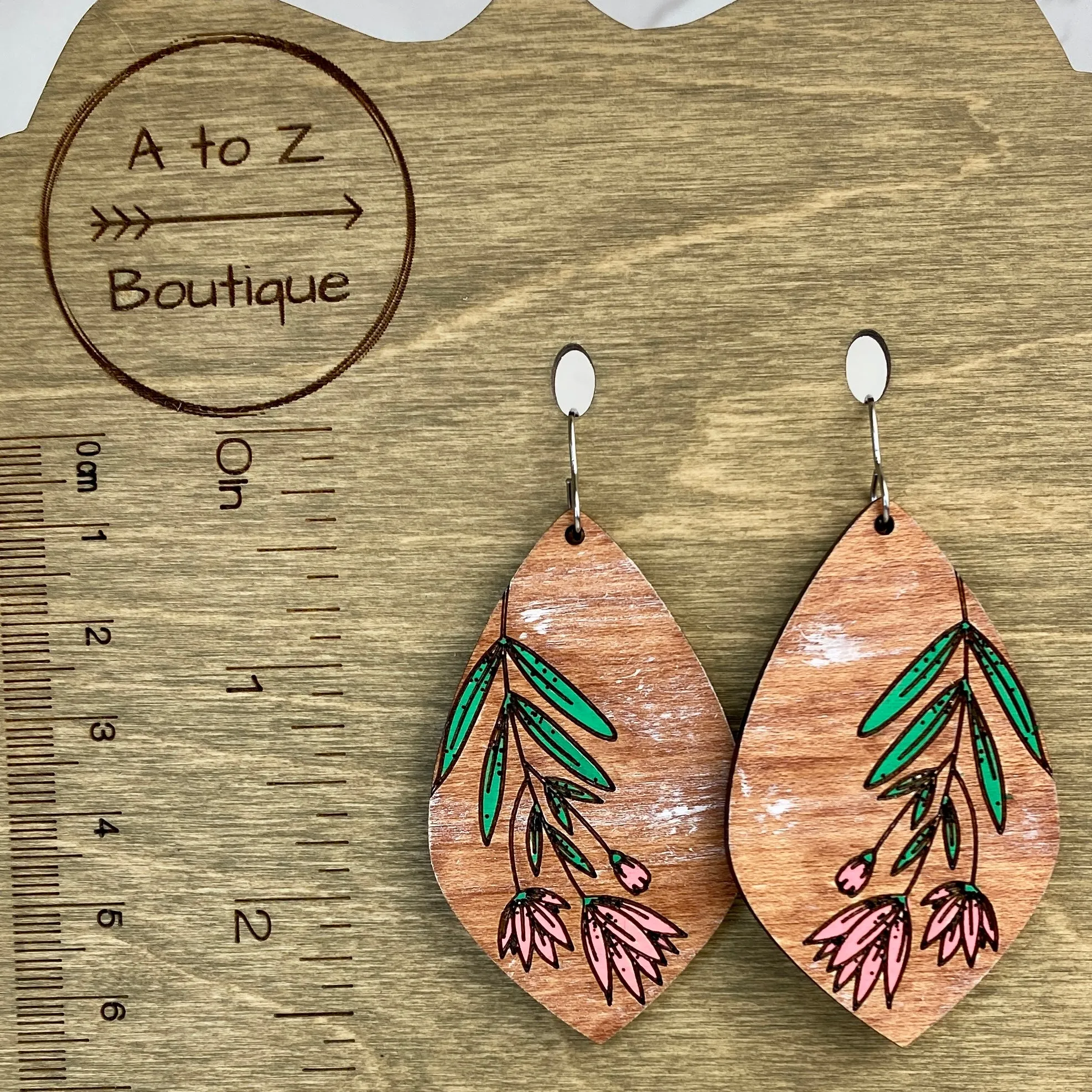 Pink Floral Swag Wood Hand Painted Earrings