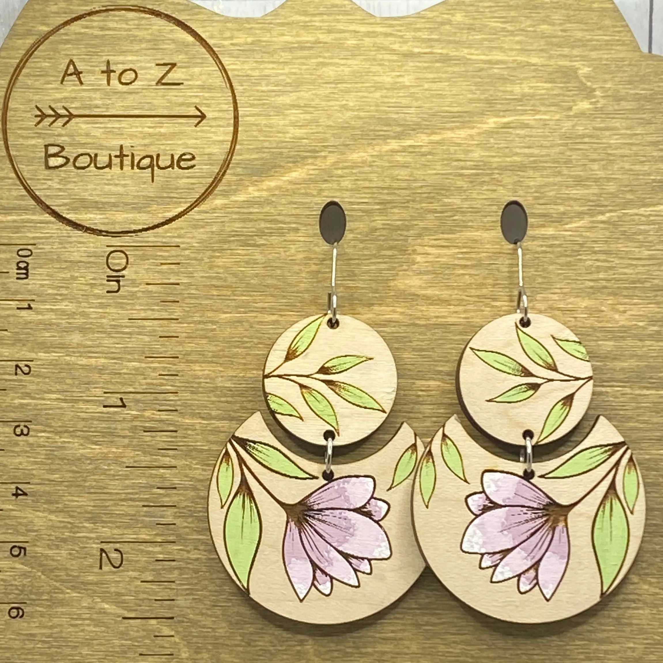 Pink Purple Floral Round Wood Hand Painted Earrings
