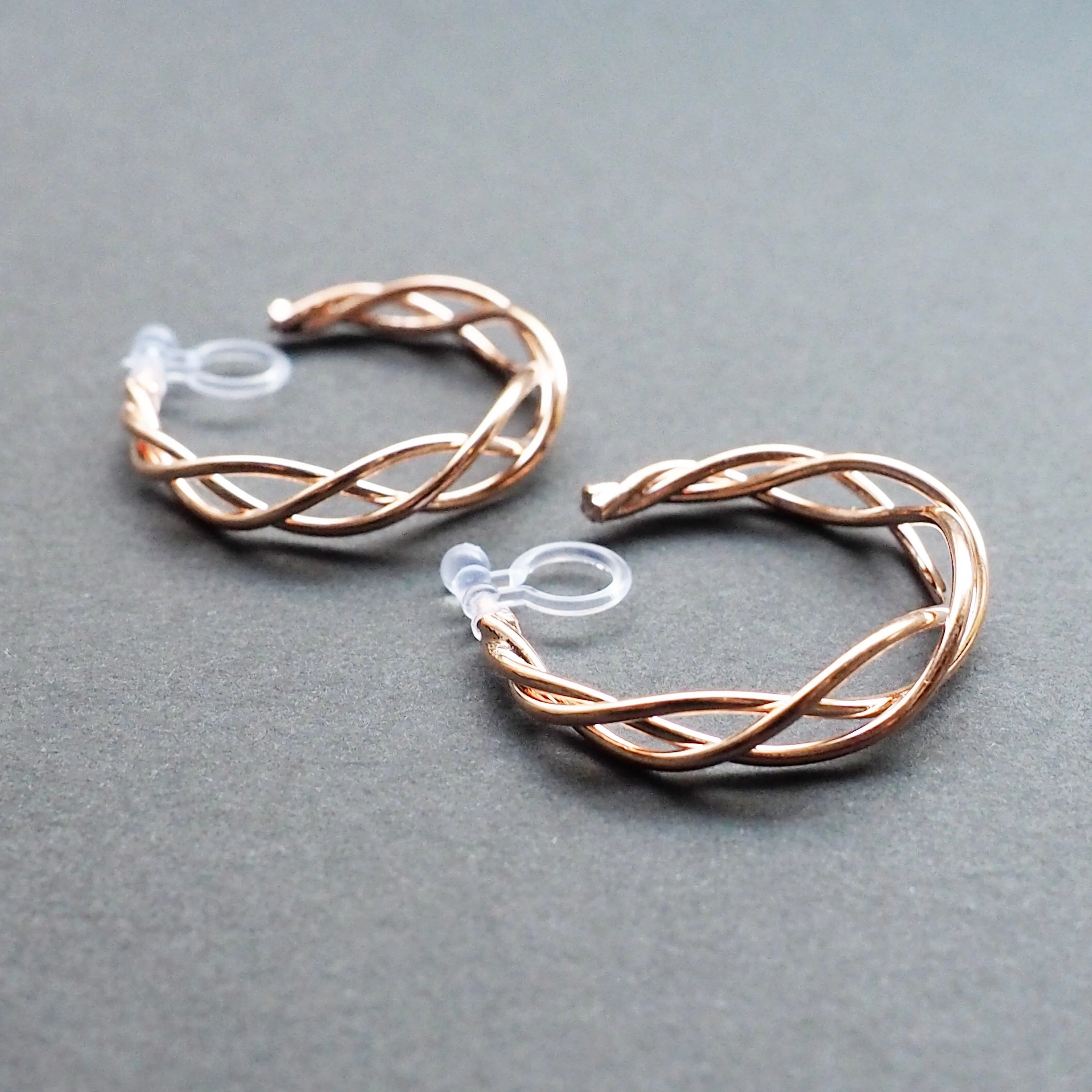 Rose Gold Woven Invisible Clip On Hoop Earrings
